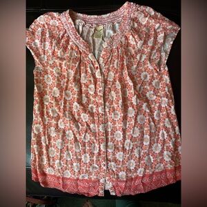 Faded Glory Coral and White Floral Button Front Blouse